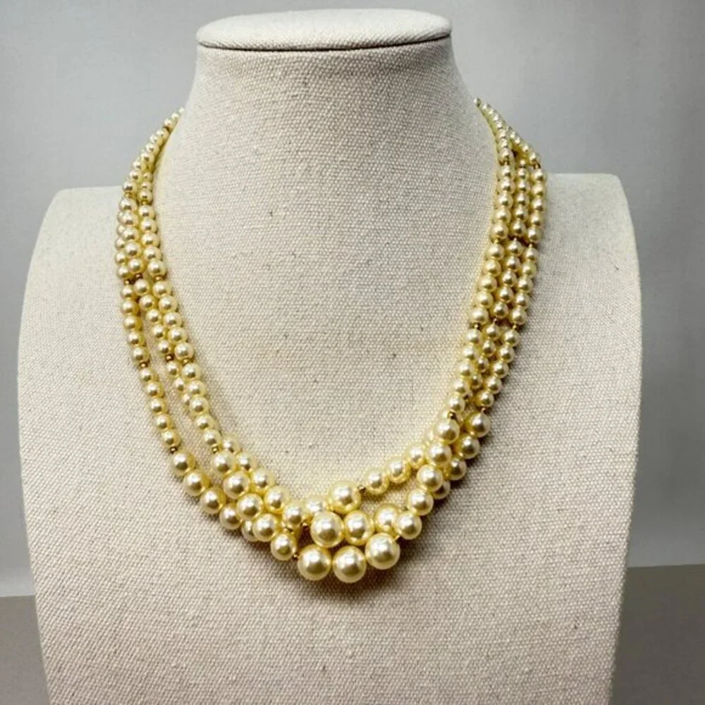 Vintage Multi-Strand Cream Imitation Pearl‎ Necklace Gold-Tone Spacer Beads